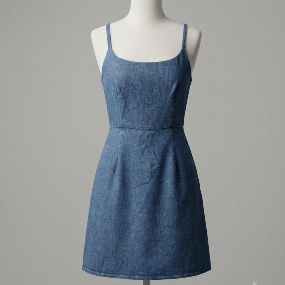 Old Navy Denim Mini Dress Medium Wash Cotton Smocked Back Pockets Blue Large